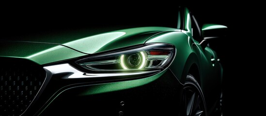 Gleaming green car detail headlight and grille against a dark background
