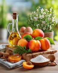 Close-up of freshly picked apricots on a wooden kitchen counter next to baking ingredients, warm natural window light, shallow depth of field, styled for a cookbook cover, luxurious tones
