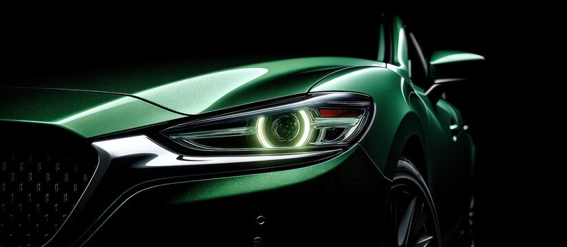 Gleaming green car detail headlight and grille against a dark background