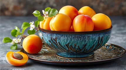 Minimalist still life of apricots in a vintage ceramic bowl with dramatic studio lighting, rich contrast, dark textured backdrop, luxurious styling