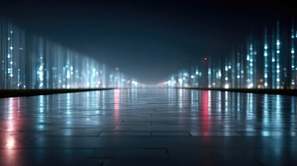 Futuristic Cityscape with Glowing Digital Code and Wet Reflective Ground in the Dark Night