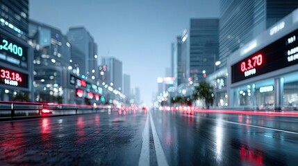 Futuristic Cityscape with Glowing Stock Tickers on Buildings and Reflections on Wet Asphalt at Night