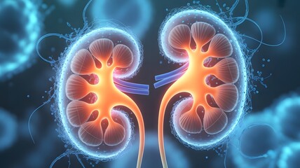 Glowing human kidneys anatomy medical illustration with abstract background
