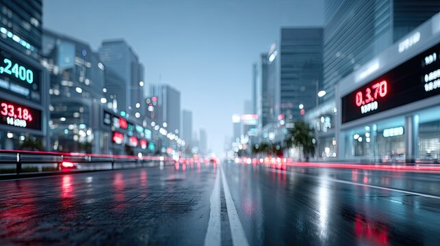 Futuristic Cityscape with Glowing Stock Tickers on Buildings and Reflections on Wet Asphalt at Night