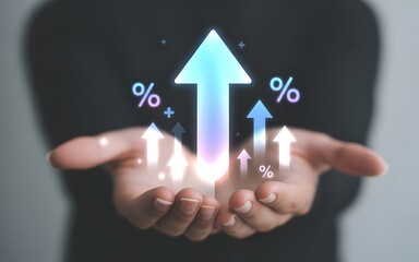 Hands holding glowing upward arrow and percentage signs symbolizing growth