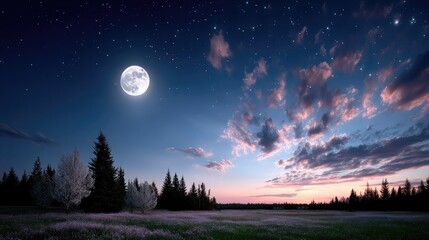 Fototapeta premium Full Moon Night Sky Glowing Landscape with Stars and Trees in Dusk Colors Peaceful Serene Scenery in the Wilderness Tranquil Atmosphere Dark and Light Contrast