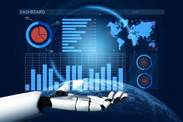 This image features a futuristic dashboard interface with a robotic hand presenting various data visualizations alongside a global map, symbolizing technological advancement. Impute