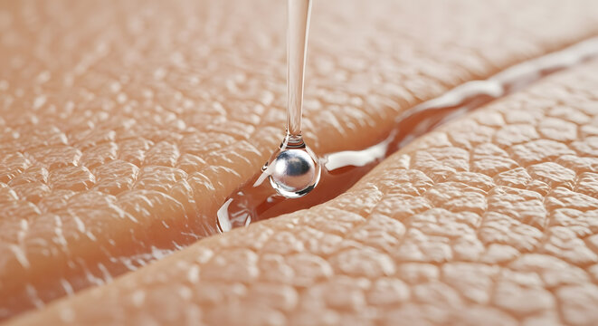 Close-up macro view of clear liquid serum dropping onto healthy human skin texture, promoting hydration and rejuvenation with vibrant glow