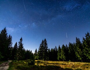 Night sky over a pine forest. A starry night with the Milky Way