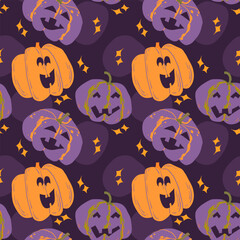 vector seamless pattern design Jack-O-Lantern funny carved pumpkin head . Autumn illustration in flat cartoon retro style for Halloween holiday decoration, wrapping paper, background