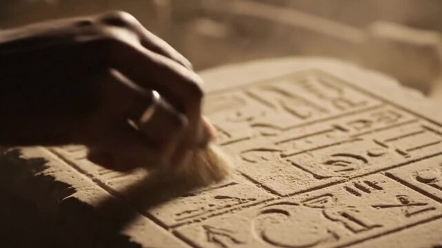 Close-Up of Archaeologist&rsquo;s Hand Brushing Dust from Stone Inscriptions with Shallow Depth of Field