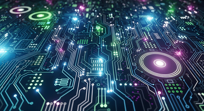 Stunning digital circuit board with vibrant glowing lights, symbolizing innovation and advanced technology in a modern, futuristic design.
