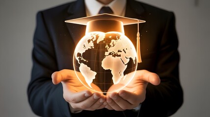 Man holding glowing graduation cap on top of the earth globe