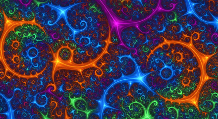 Vibrant fractal patterns explode with neon energy creating a mesmerizing, abstract digital art background for dynamic designs