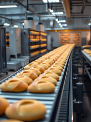 Industrial bakery conveyor line with rows of freshly baked goods, illuminated by warm factory lights.