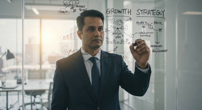Businessman writing on glass board in office with strategy diagram visible. - Powered by Adobe
