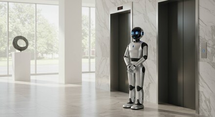 Robot stands near elevators in a modern building lobby with marble walls.
