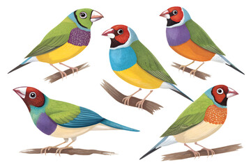 Various Gouldian Finches PNG – Colorful Cartoon and Realistic Bird Illustrations on Transparent Background