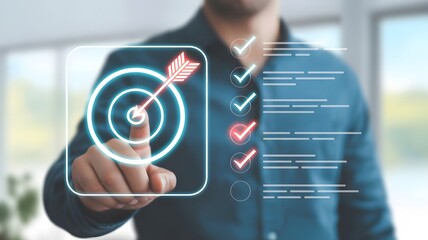 Man pointing to a glowing target with an arrow and a checklist on a digital screen