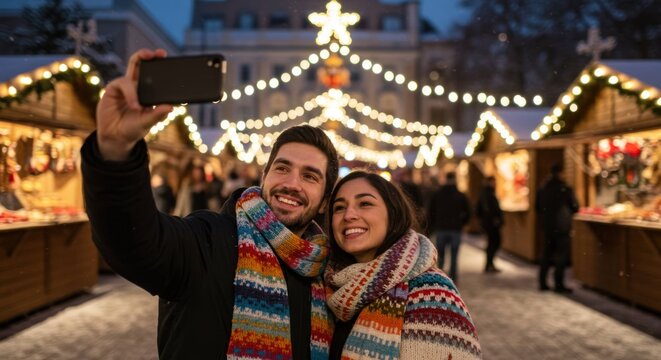 Couple taking selfie at a christmas market with lights and wooden stalls.