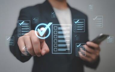 Businessman interacting with digital checklist and verification interface on screen