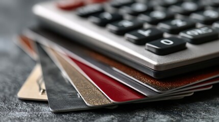 Stacked plastic cards with varied colors lie beside a black and grey calculator on a textured surface. The calculator's buttons are clearly visible, highlighting numbers