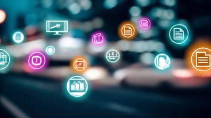 Abstract blurred cityscape with glowing icons, night time, blue, pink, orange, and white - Powered by Adobe