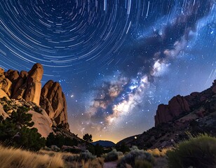 Night sky panorama over desert landscape