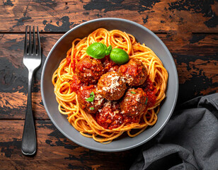 Hearty Italian Spaghetti and Meatballs, Rustic Wooden Table Setting.