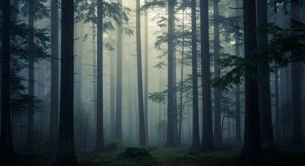 Naklejka premium Mystical deep forest scene with towering trees shrouded in ethereal morning mist, creating a serene and enchanting natural landscape.