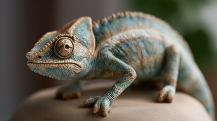 Obraz premium Colorful chameleon with textured skin and large eyes stands alert on a smooth surface. Its vibrant scales feature blue and brown hues, blending seamlessly with a blurred background