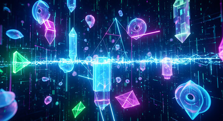 Abstract digital crystal data stream with vibrant neon geometric shapes and glowing energy waves in cyberspace