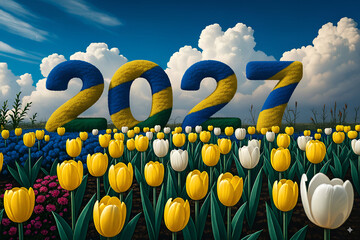 2027 in a field of tulips