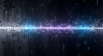 Dynamic digital cityscape with glowing neon light grid connecting abstract geometric structures for futuristic tech concepts