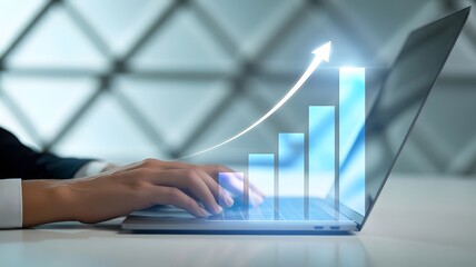 Business growth and success visualized on a laptop screen with a rising graph