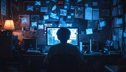 Cyberbullying, young man in front of a computer with messages flying around