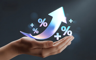 Hand holding a glowing upward arrow with percentage signs and plus symbols