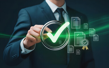 Businessman approves digital document with glowing checkmark and certificate icons