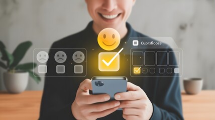 Man holding smartphone with digital survey and feedback icons floating above