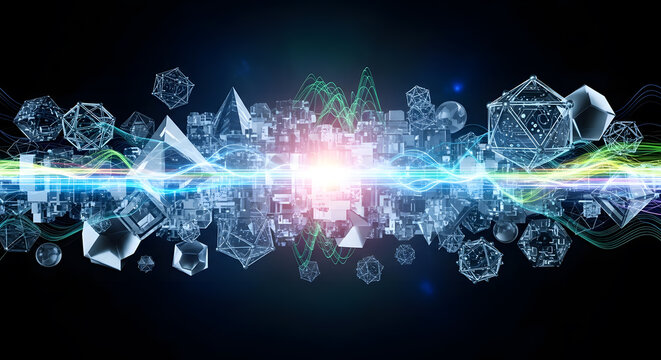 Dynamic abstract digital network with glowing geometric shapes and data streams, representing futuristic technology and complex information flow.