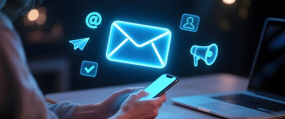 Person using smartphone with glowing digital email and communication icons