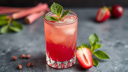 Sparkling rhubarb matcha elixir in crystal glass