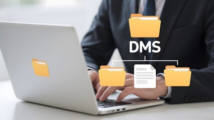 Businessman using laptop with digital document management system interface