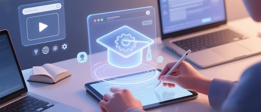 Student using tablet and laptop for online learning and digital education