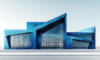 Modern blue building facade.  Vast windows, angular shapes