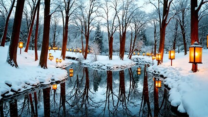 Enchanting winter forest path illuminated by warm lanterns reflecting beautifully on serene water, creating a magical, peaceful atmosphere.