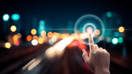 A hand interacts with a futuristic interface over a blurred cityscape at night - Powered by Adobe