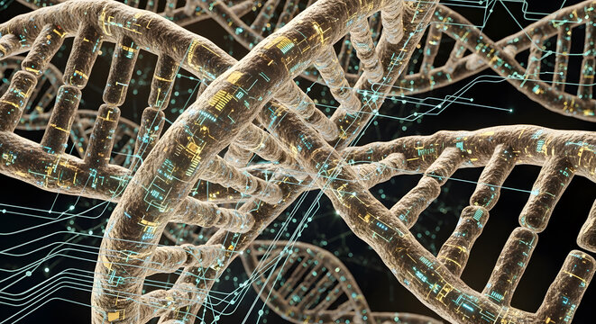 Stunning digital DNA helix illustration with intricate circuitry and glowing nodes, symbolizing future science and genetic innovation.