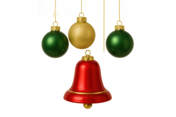 Christmas ornaments and bell hanging for festive holiday decoration on transparent background