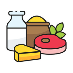 A still life illustration of food items including milk cheese grain and meat